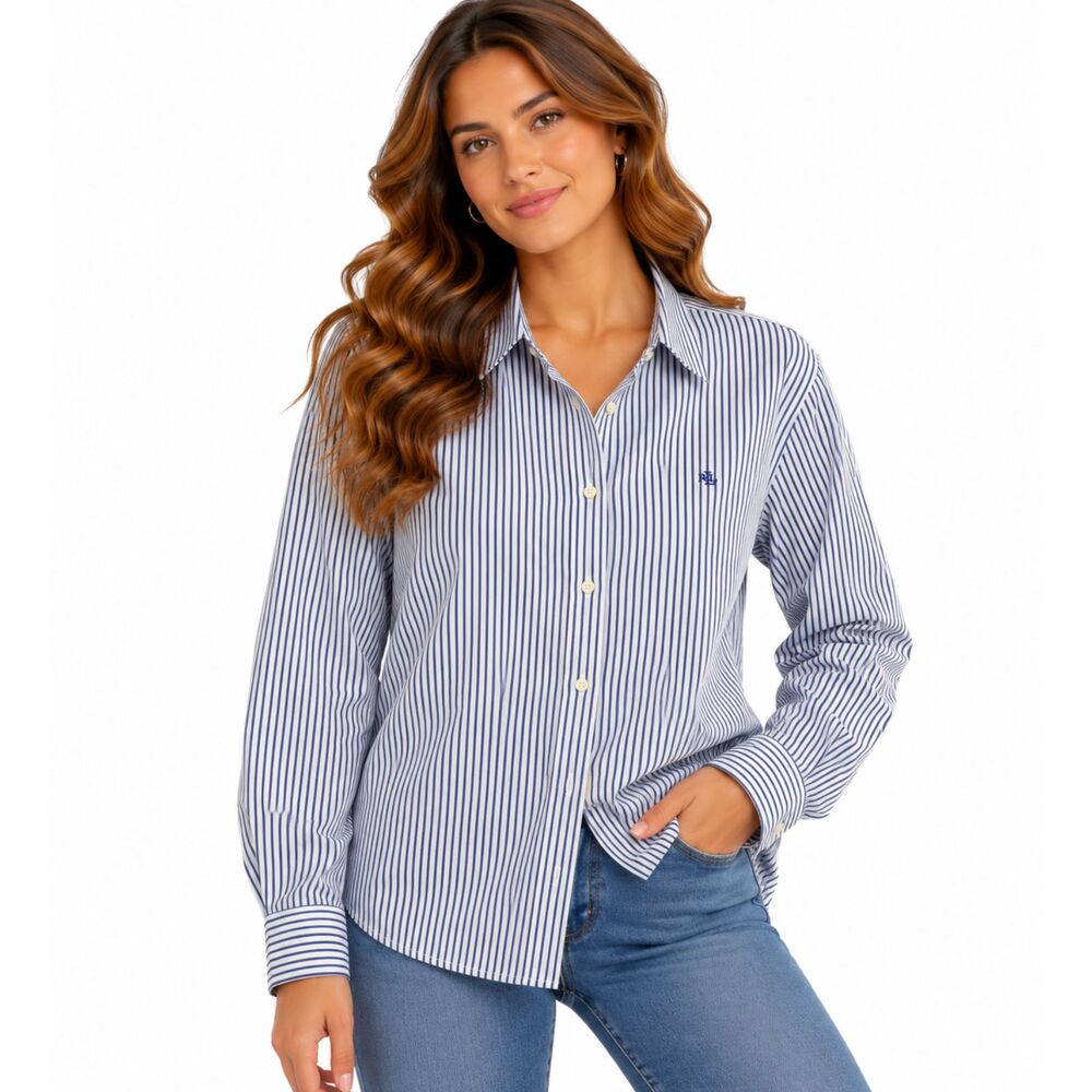 Lauren Ralph Lauren Womens2X NonIron Navy/white Striped Cotton Button Down Shirt
